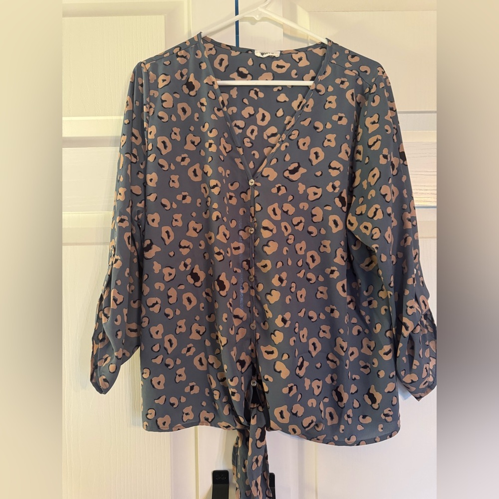 West K Blue and Nude Animal Print Tie Front Blouse